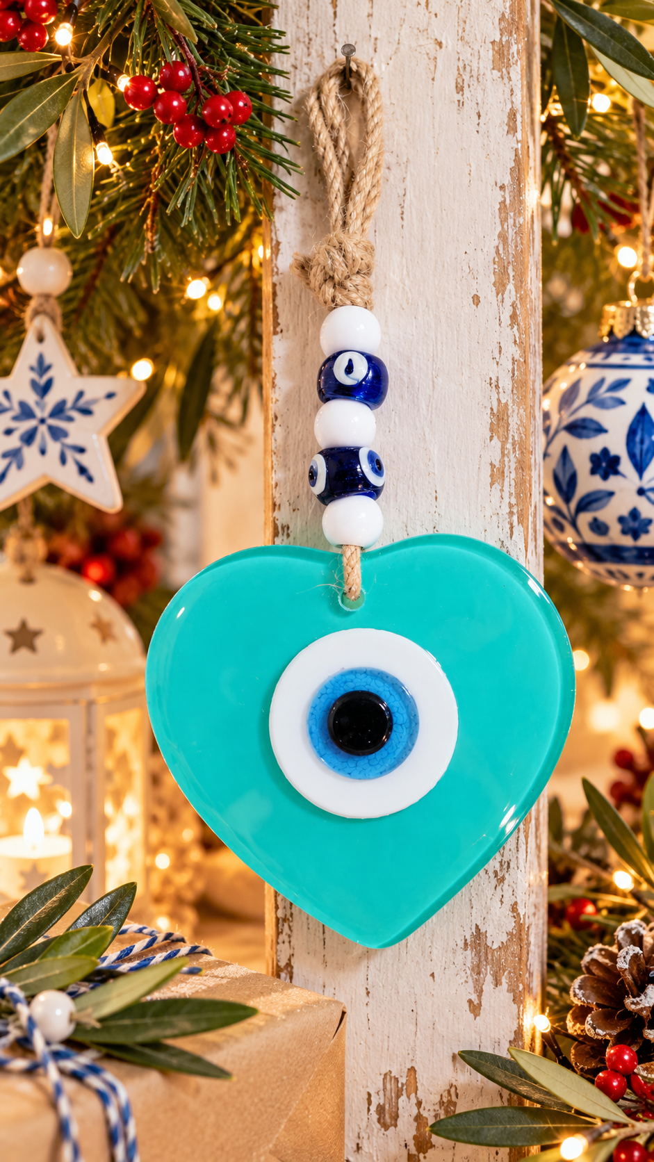 Handmade Glass Evil Eye Wall Hanging Blue Heart Nazar Decor