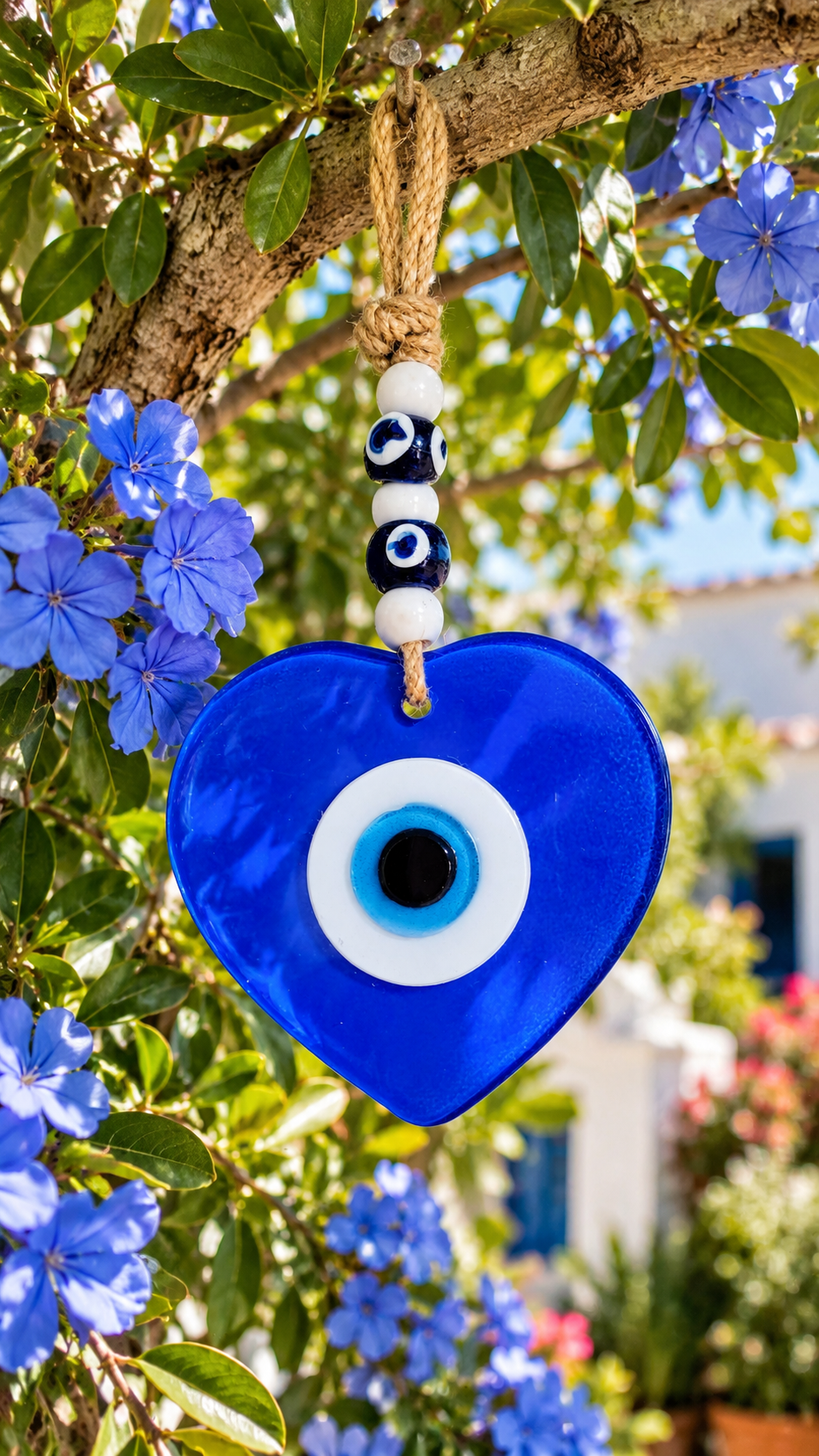 Décoration murale cœur bleu Nazar en verre fait main contre le mauvais œil