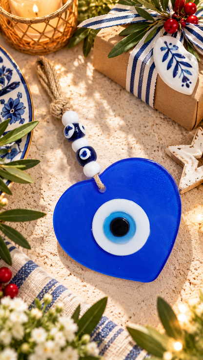 Décoration murale cœur bleu Nazar en verre fait main contre le mauvais œil