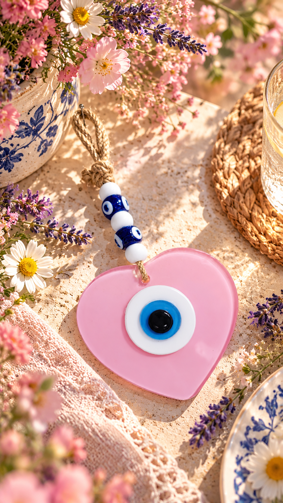 Handmade Glass Evil Eye Wall Hanging Pink Heart Nazar Decor