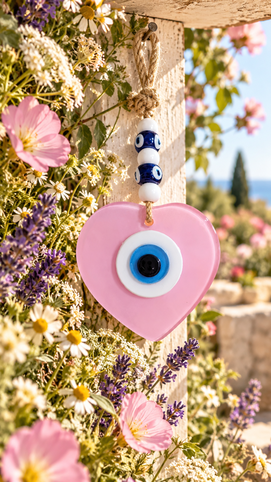 Handmade Glass Evil Eye Wall Hanging Pink Heart Nazar Decor