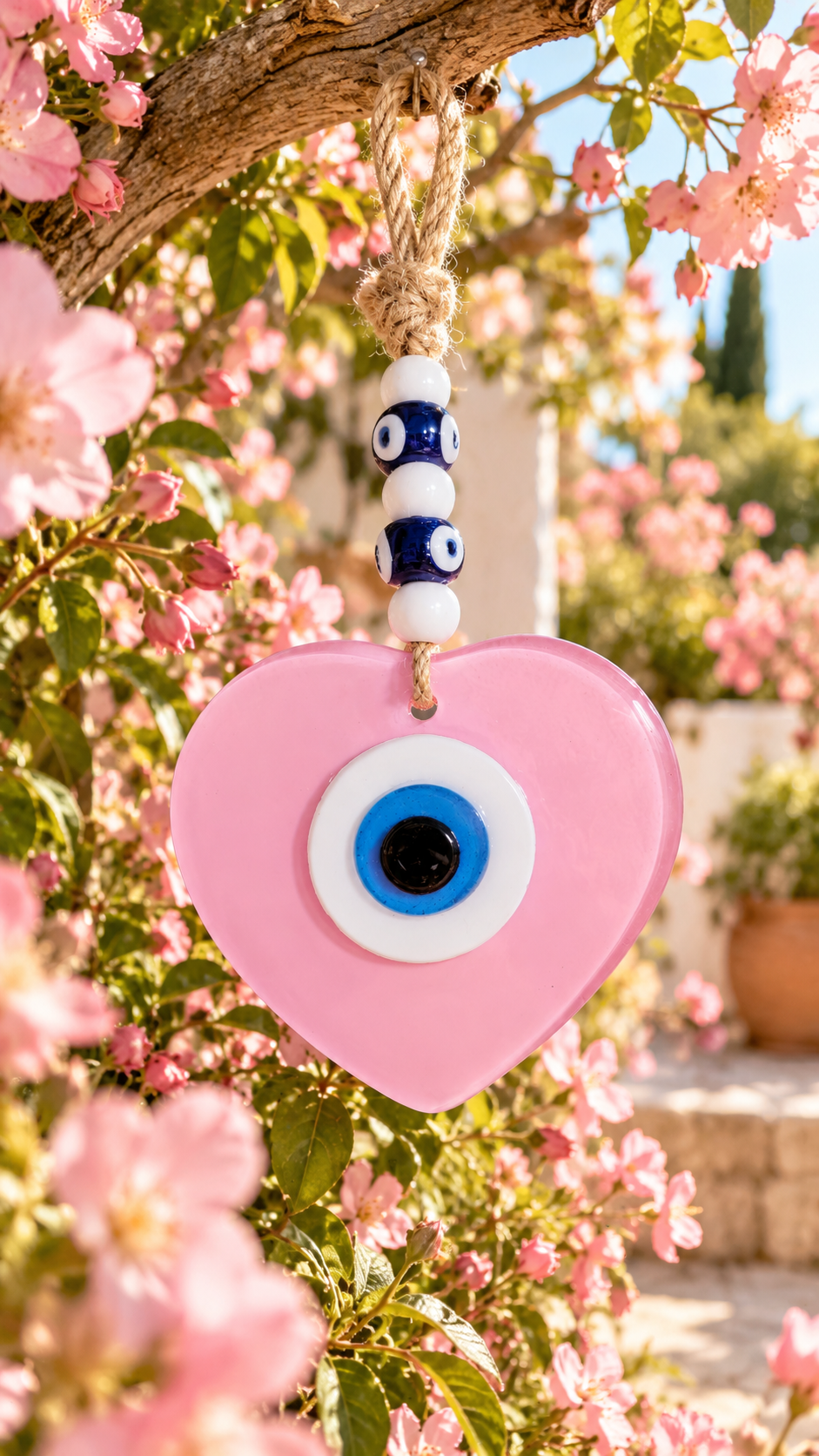 Handmade Glass Evil Eye Wall Hanging Pink Heart Nazar Decor