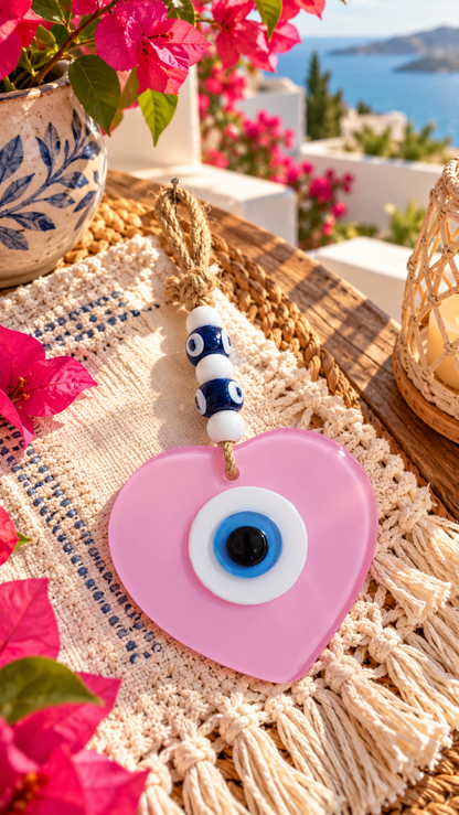 Handmade Glass Evil Eye Wall Hanging Pink Heart Nazar Decor