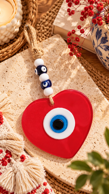 Handmade Glass Evil Eye Wall Hanging Red Heart Nazar Decor 9.5 Inch