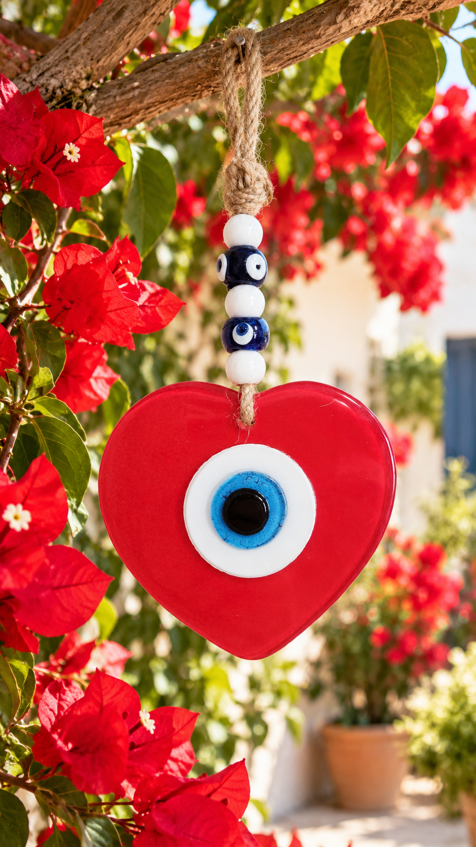 Handmade Glass Evil Eye Wall Hanging Red Heart Nazar Decor 9.5 Inch
