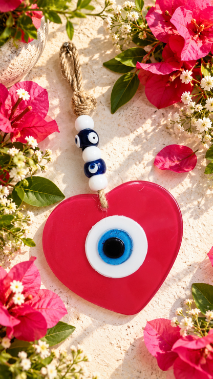 Handmade Glass Evil Eye Wall Hanging Red Heart Nazar Decor 9.5 Inch