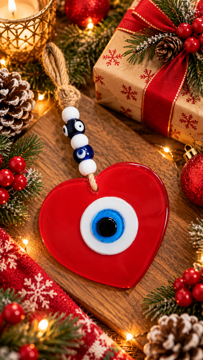 Handmade Glass Evil Eye Wall Hanging Red Heart Nazar Decor 9.5 Inch