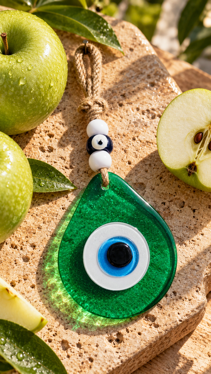 Teardrop Evil Eye Wall Hanging Glass Mediterranean Decor Translucent Green