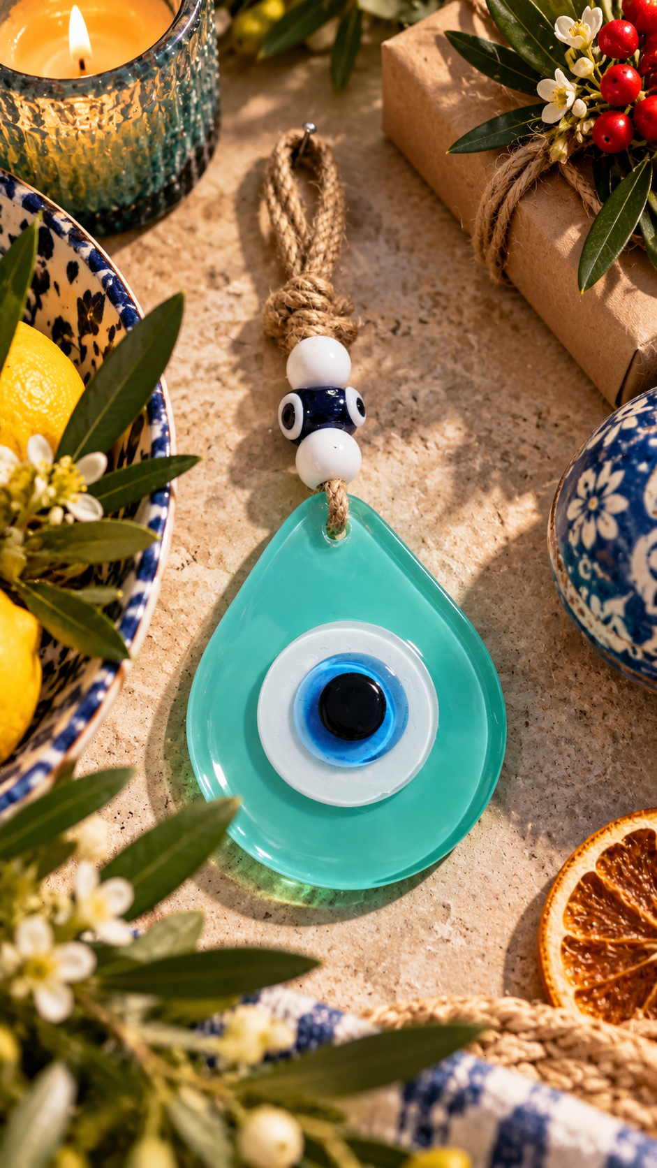 Teardrop Evil Eye Wall Hanging Glass Mediterranean Decor Aqua