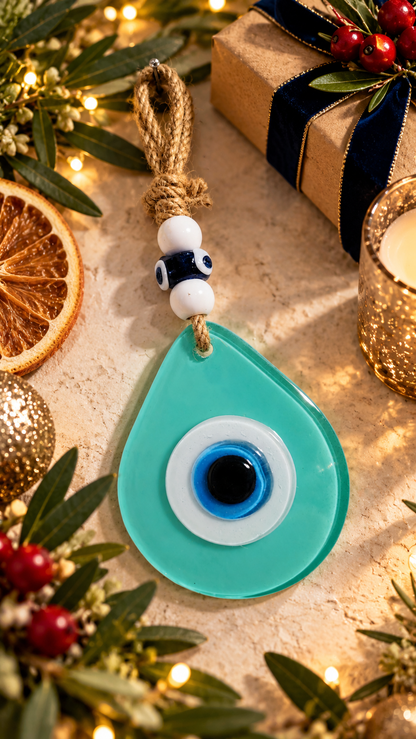 Teardrop Evil Eye Wall Hanging Glass Mediterranean Decor Aqua