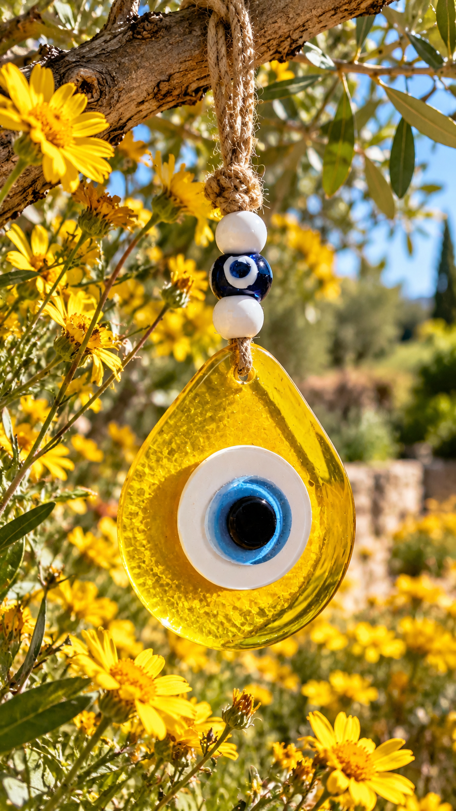 Teardrop Evil Eye Wall Hanging Glass Mediterranean Decor Translucent Yellow