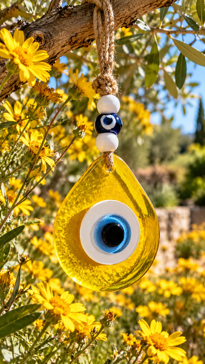 Teardrop Evil Eye Wall Hanging Glass Mediterranean Decor Translucent Yellow