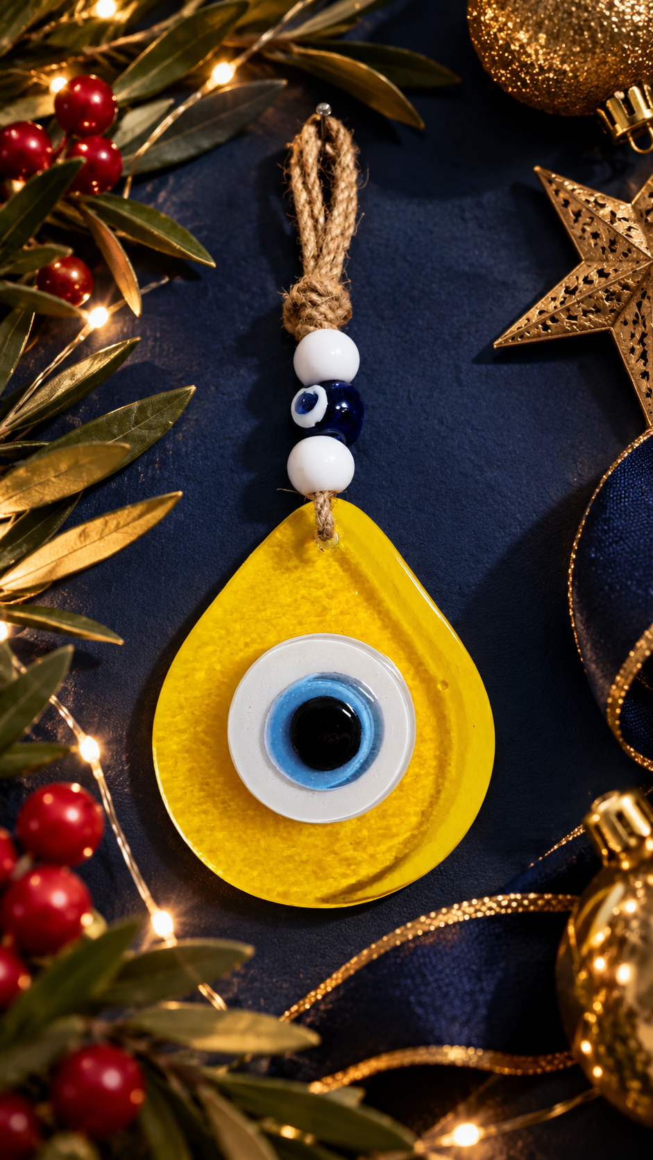 Teardrop Evil Eye Wall Hanging Glass Mediterranean Decor Translucent Yellow