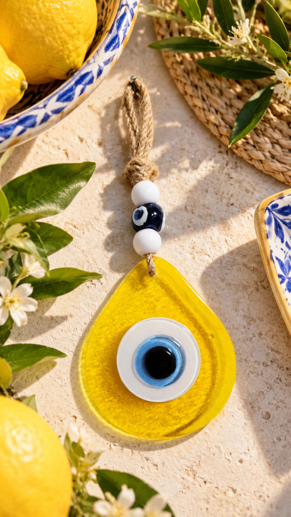 Teardrop Evil Eye Wall Hanging Glass Mediterranean Decor Translucent Yellow