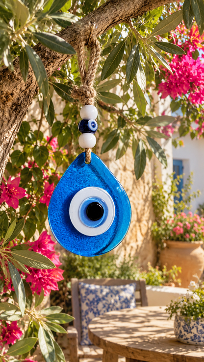 Teardrop Evil Eye Wall Hanging Glass Mediterranean Decor Ocean Blue
