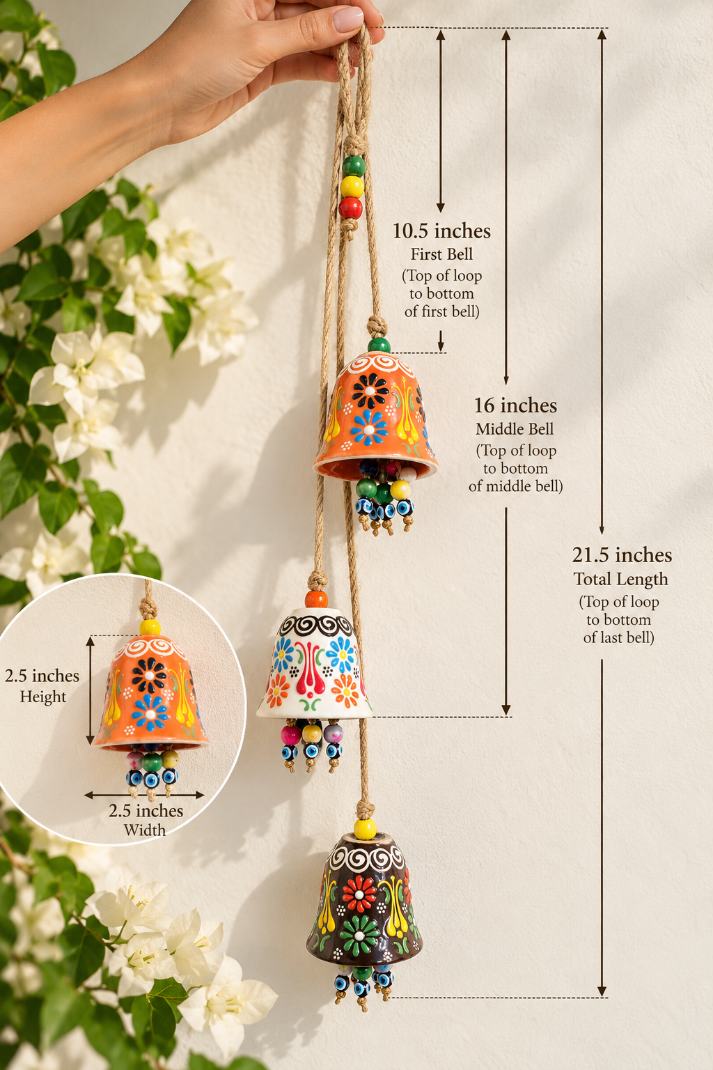 Carillon à vent en céramique turque faite main avec mauvais œil, décoration d'intérieur