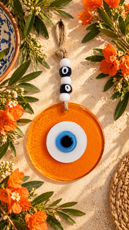 Large Orange Glass Evil Eye Wall Hanging Handmade Nazar Home Decor