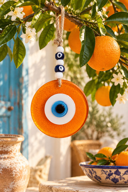 Large Orange Glass Evil Eye Wall Hanging Handmade Nazar Home Decor