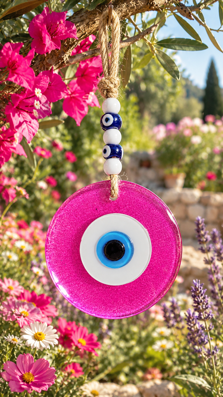 Large Pink Glass Evil Eye Wall Hanging Handmade Nazar Home Decor