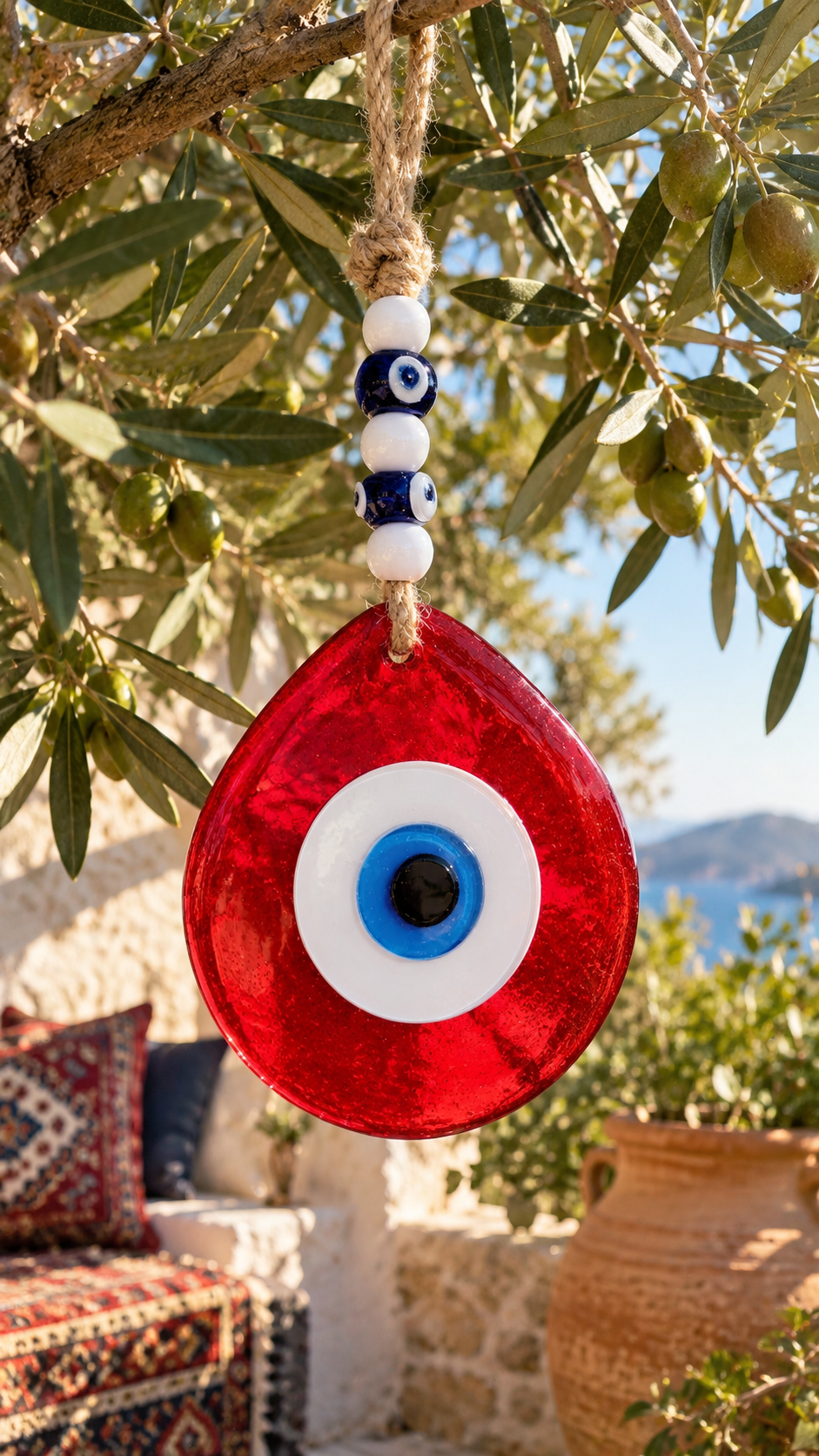 Jumbo Glass Evil Eye Wall Hanging with Beads 10 Inch
