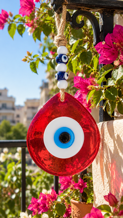 Jumbo Glass Evil Eye Wall Hanging with Beads 10 Inch