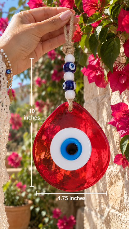 Jumbo Glass Evil Eye Wall Hanging with Beads 10 Inch
