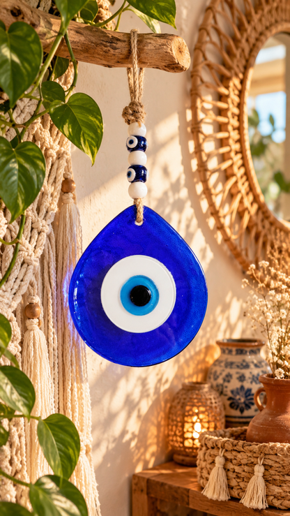 Jumbo Blue Glass Evil Eye Wall Hanging with Beads 10 Inch