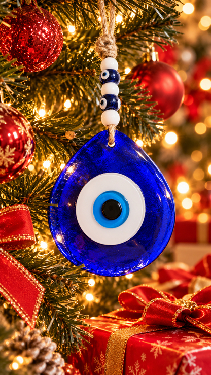 Jumbo Blue Glass Evil Eye Wall Hanging with Beads 10 Inch