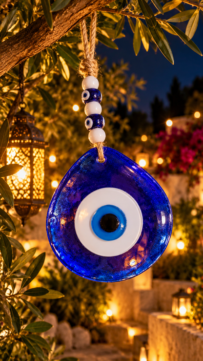Jumbo Blue Glass Evil Eye Wall Hanging with Beads 10 Inch