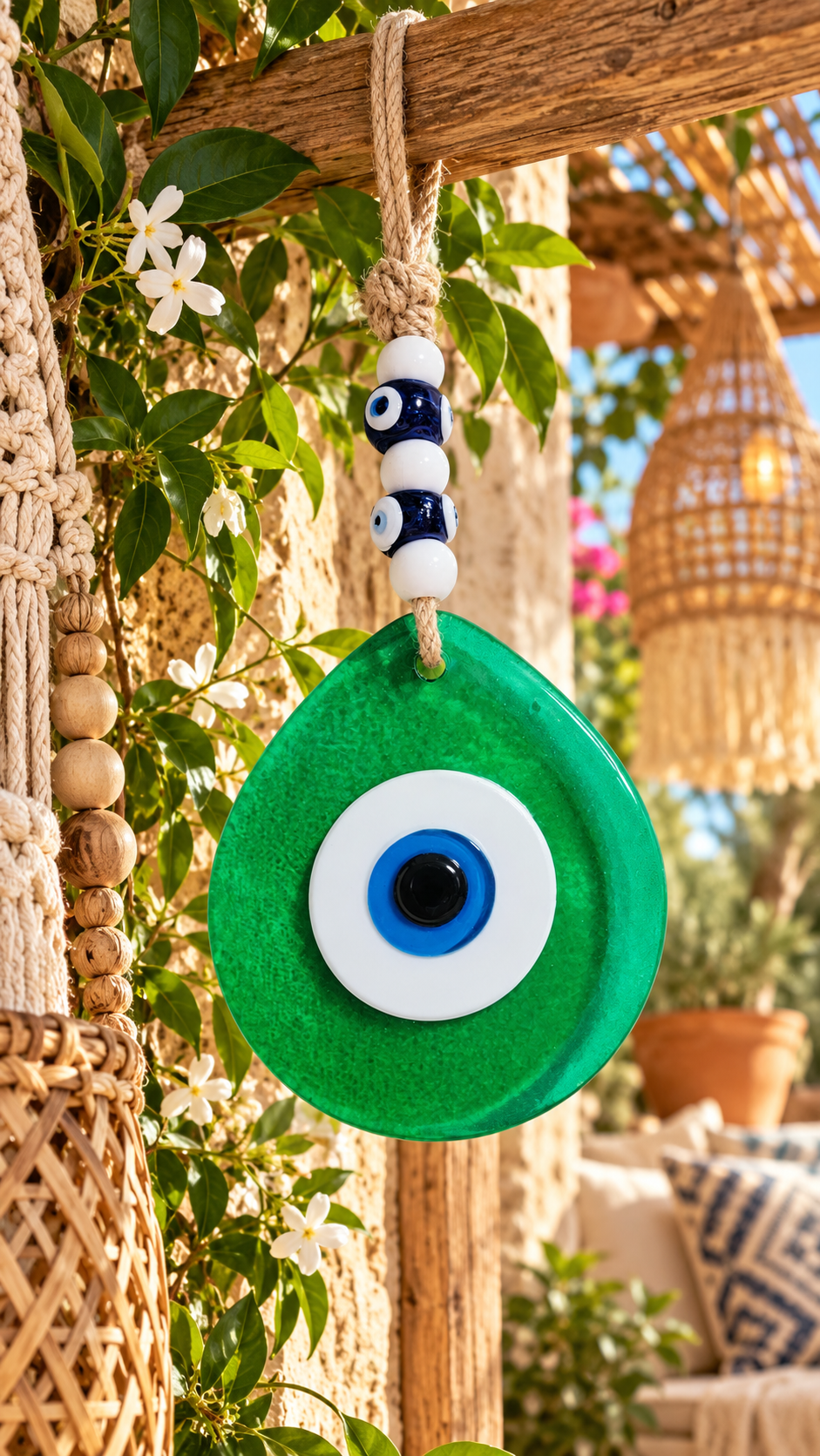 Jumbo Green Glass Evil Eye Wall Hanging with Beads 10 Inch