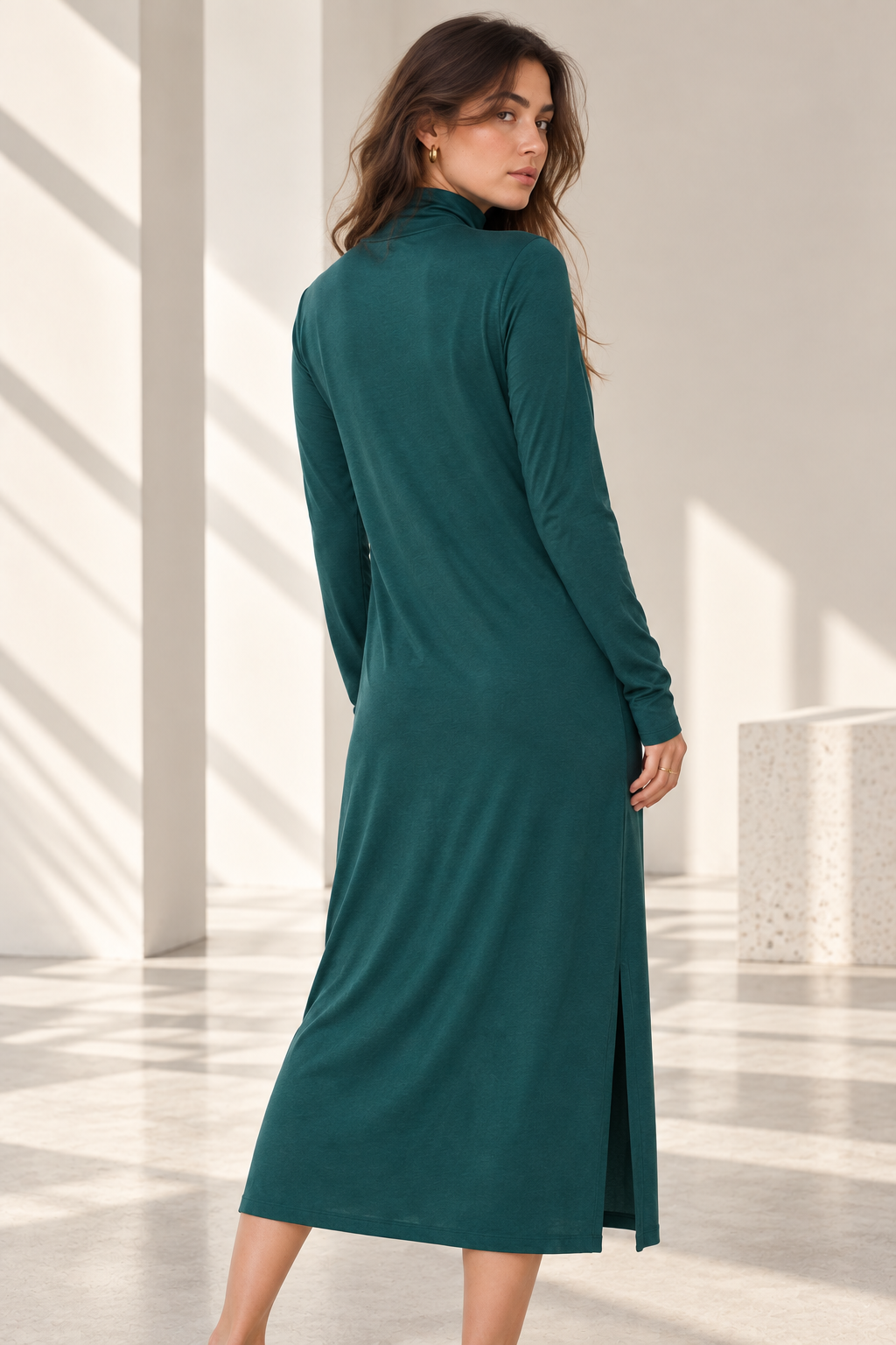 Women's Turtleneck Midi Dress with Long Sleeves and Side Slits