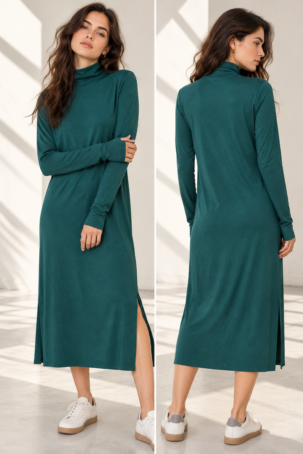 Women's Turtleneck Midi Dress with Long Sleeves and Side Slits