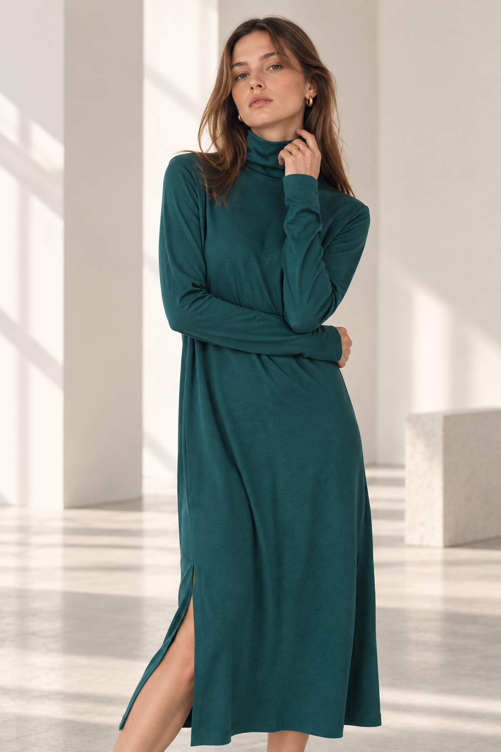 Women's Turtleneck Midi Dress with Long Sleeves and Side Slits
