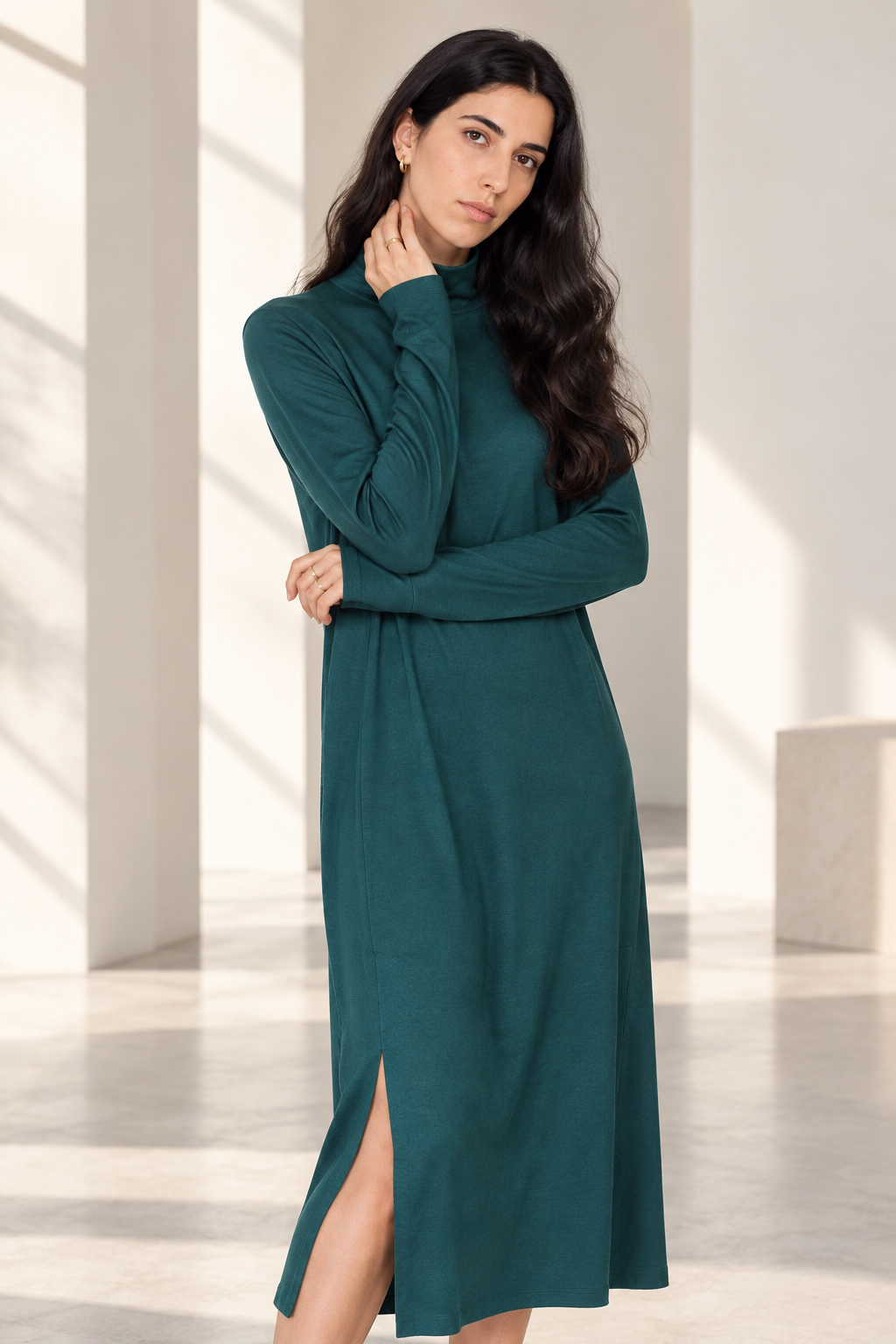 Women's Turtleneck Midi Dress with Long Sleeves and Side Slits
