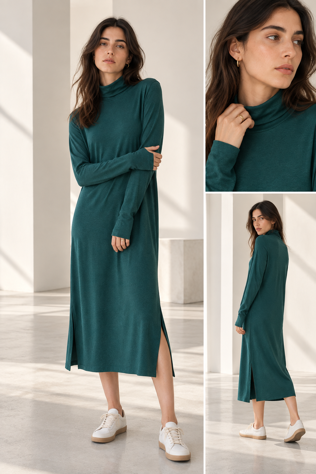 Women's Turtleneck Midi Dress with Long Sleeves and Side Slits