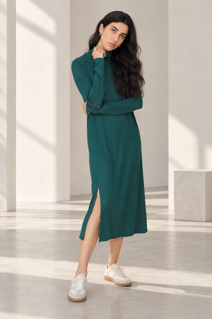 Women's Turtleneck Midi Dress with Long Sleeves and Side Slits