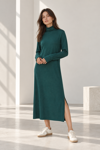 Women's Turtleneck Midi Dress with Long Sleeves and Side Slits