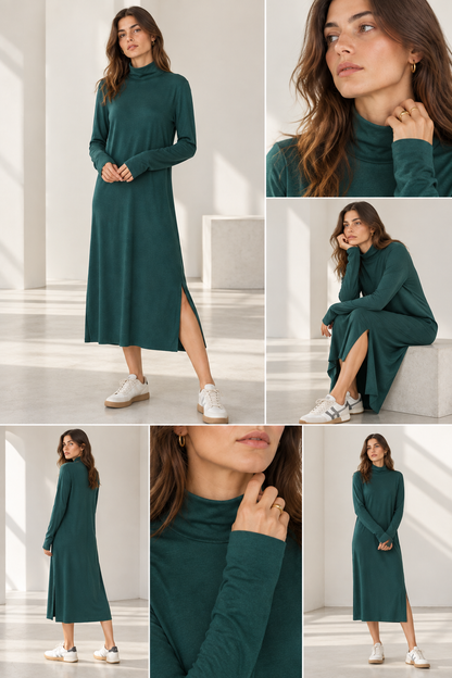 Women's Turtleneck Midi Dress with Long Sleeves and Side Slits