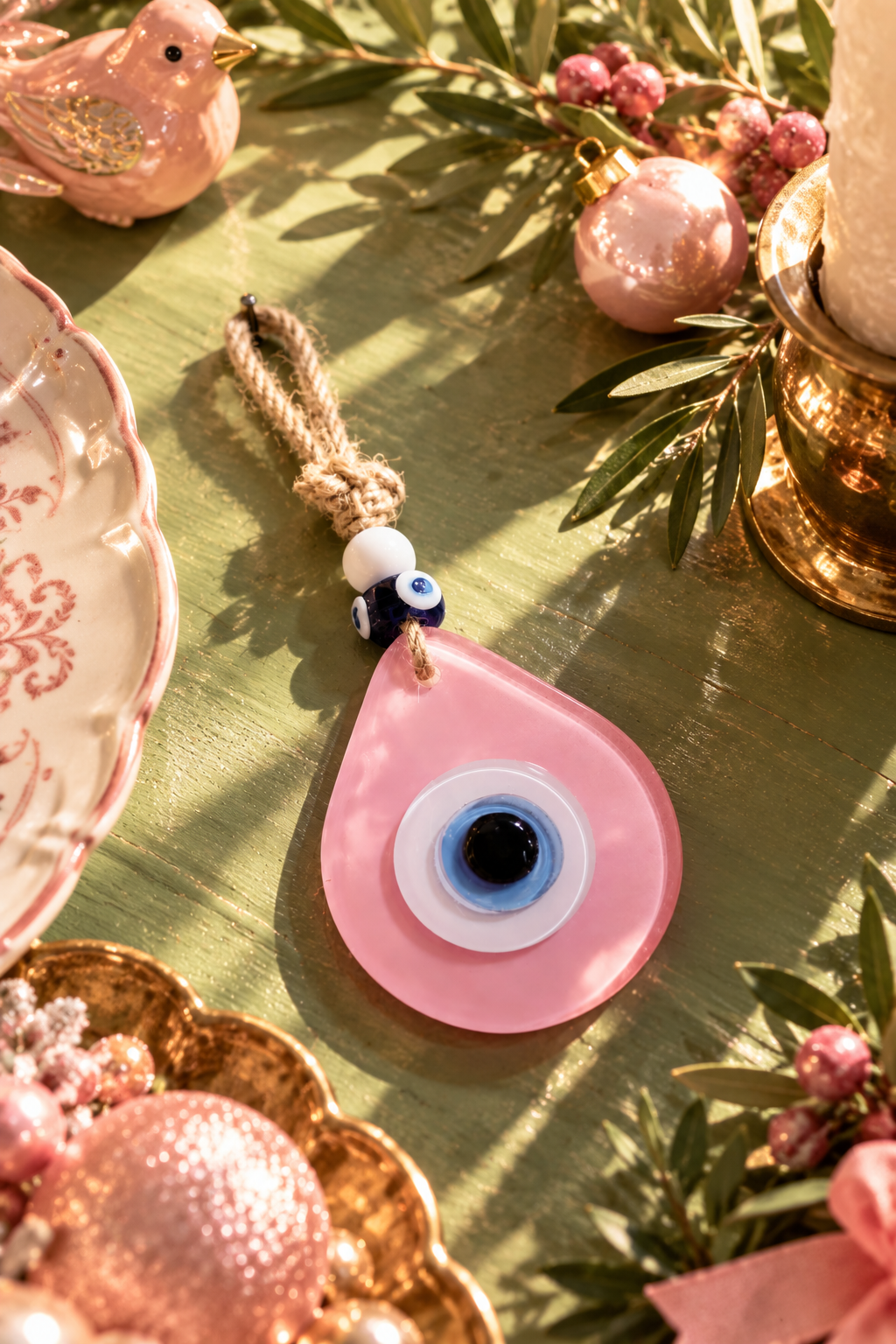 Décoration murale œil turc en forme de goutte, verre, style méditerranéen, rose mat