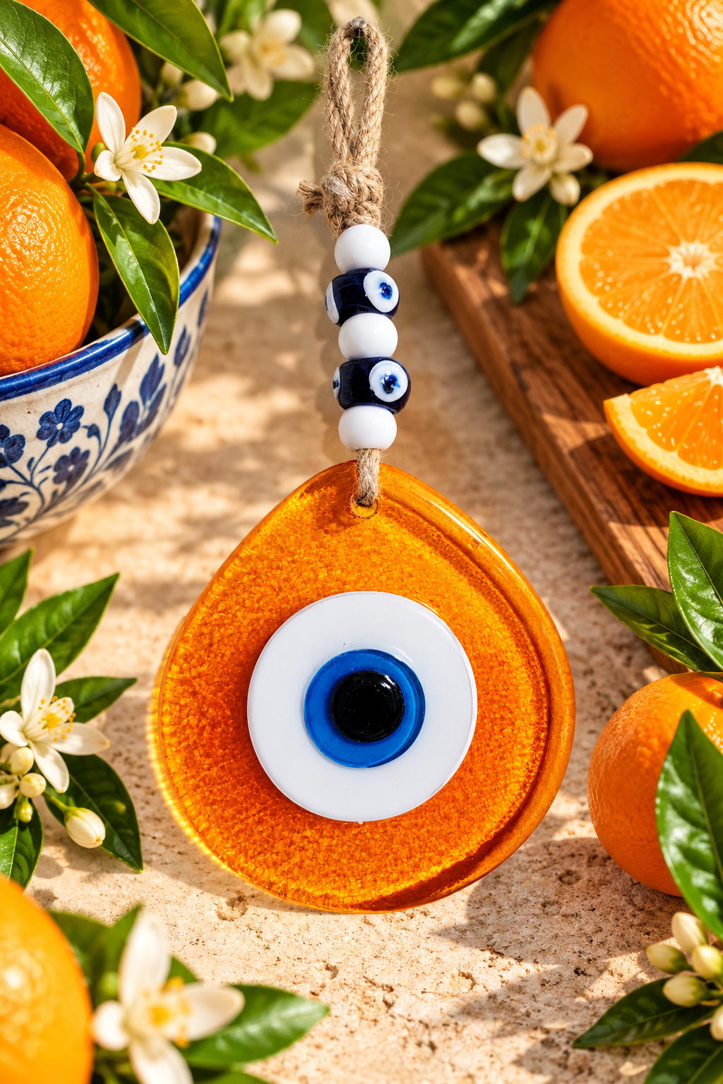 Jumbo Orange Glass Evil Eye Wall Hanging with Beads 10 Inch