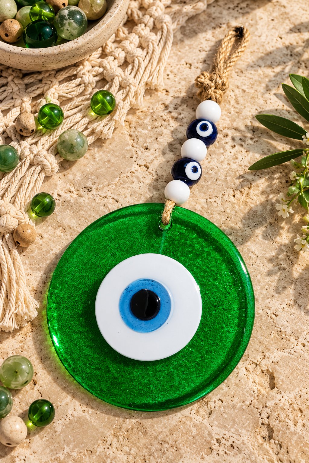Large Transparent Green Glass Evil Eye Wall Hanging Handmade Nazar Home Decor
