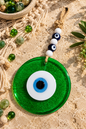 Large Transparent Green Glass Evil Eye Wall Hanging Handmade Nazar Home Decor