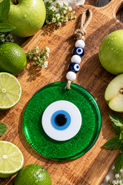 Large Transparent Green Glass Evil Eye Wall Hanging Handmade Nazar Home Decor
