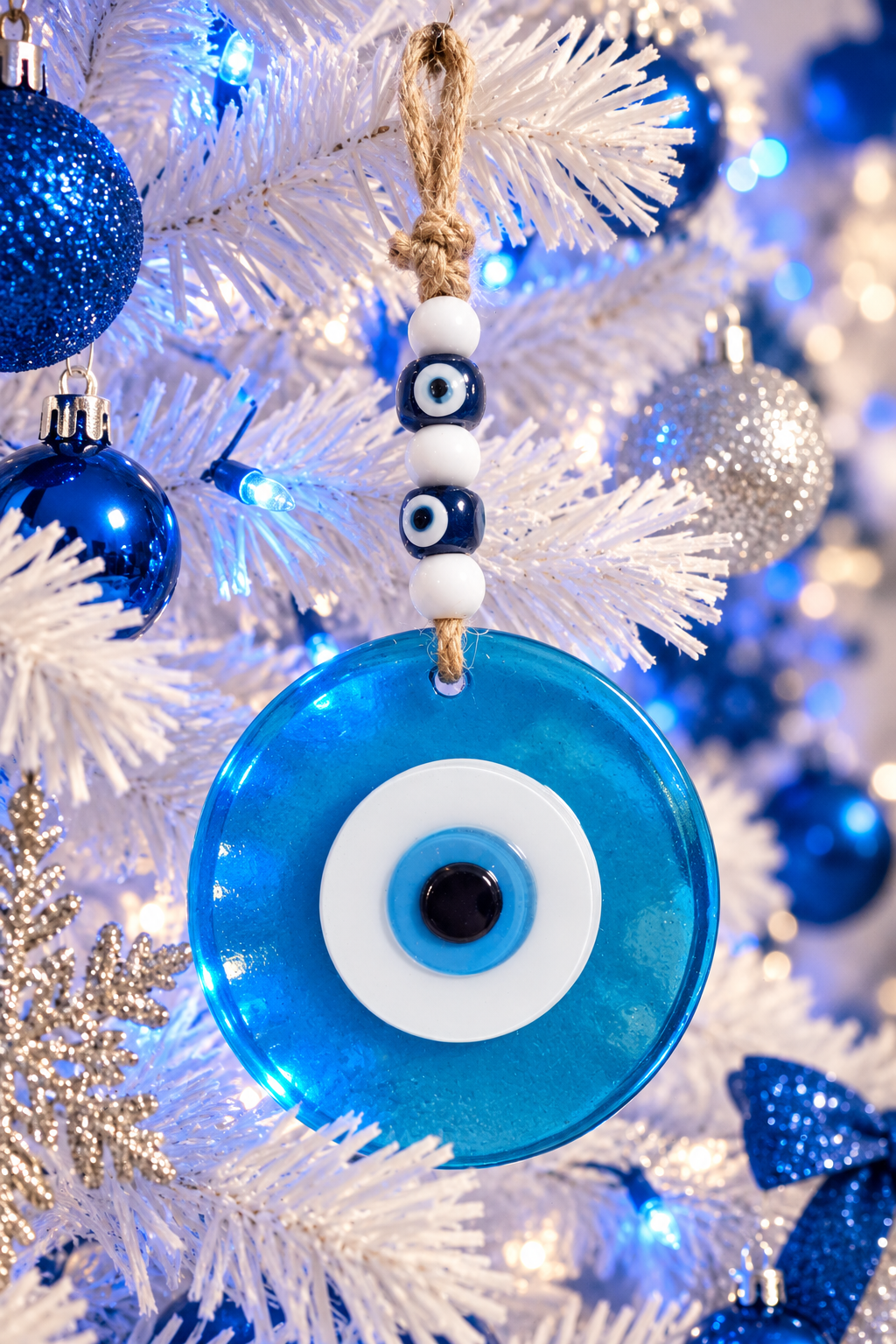 Large Transparent Light Blue Glass Evil Eye Wall Hanging Handmade Nazar Home Decor