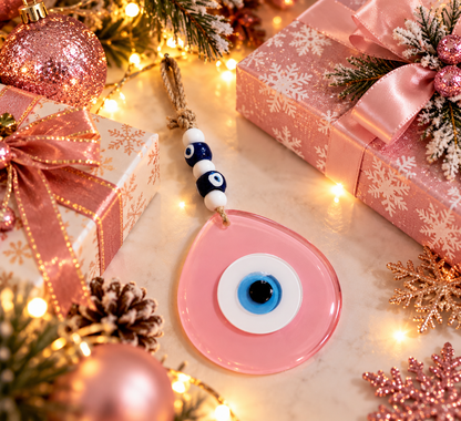 Jumbo Matte Pink Glass Evil Eye Wall Hanging with Beads 10 Inch