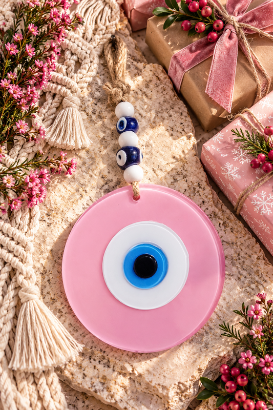 Large Matte Pink Glass Evil Eye Wall Hanging Handmade Nazar Home Decor