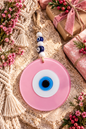Large Matte Pink Glass Evil Eye Wall Hanging Handmade Nazar Home Decor