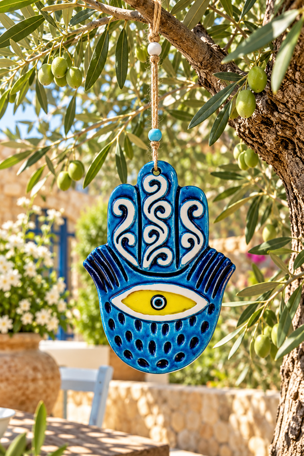 Handmade Ceramic Hamsa Hand Evil Eye Wall Hanging 12 Inch Yellow