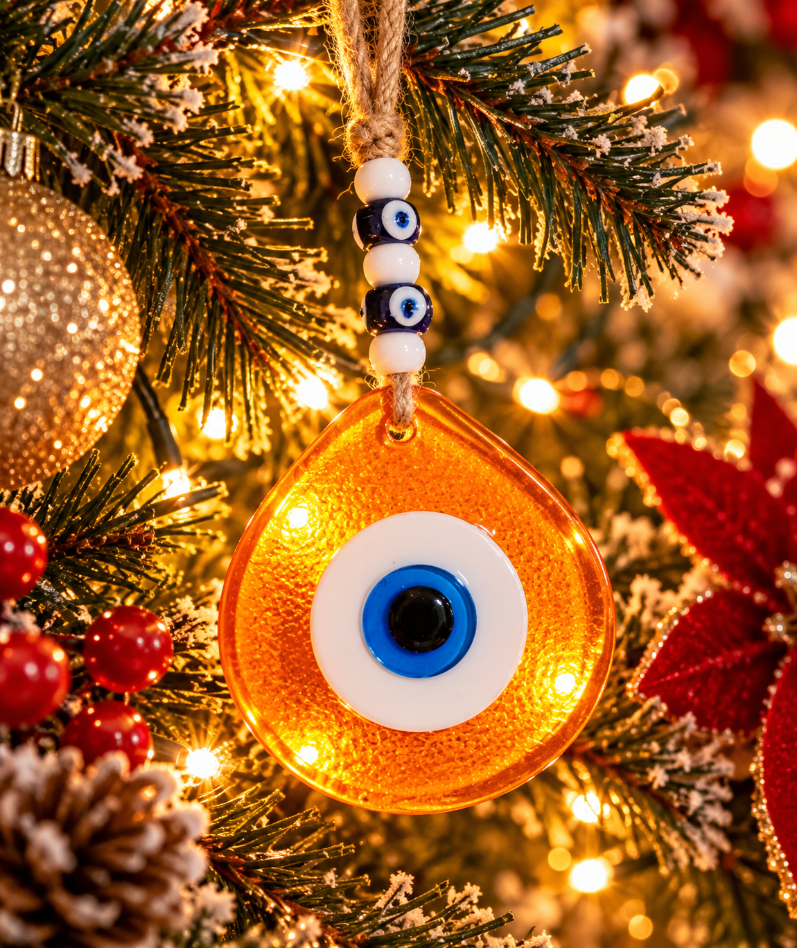 Jumbo Orange Glass Evil Eye Wall Hanging with Beads 10 Inch