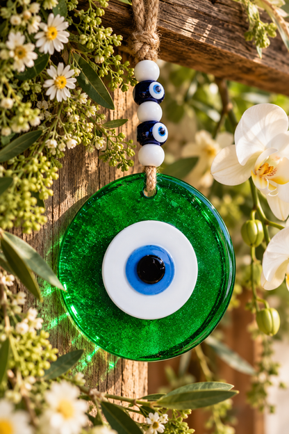 Large Transparent Green Glass Evil Eye Wall Hanging Handmade Nazar Home Decor